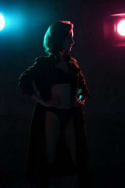 Mavi ve pembe neon ışık modern şık bahar ceket ve siyah iç çamaşırı poz güzel hippi kız