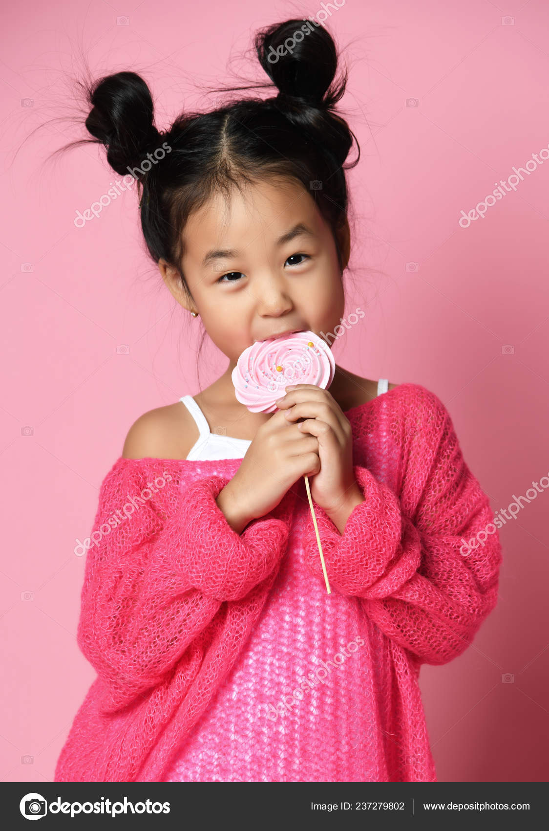 Happy Young Asian Little Girl Kid Lick Eat Happy Big Sweet
