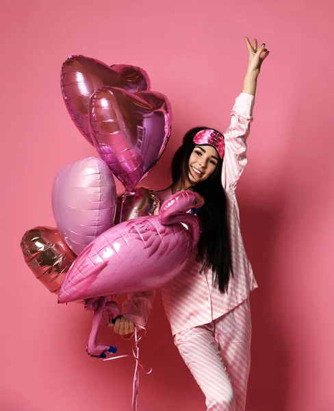 Valentine Beauty Girl Hold Red Pink Air Balloons Hearts Laughing — Stock Photo, Image