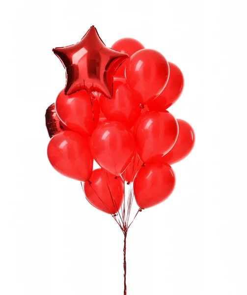 Big bunch of red latex and metallic balloons objects for birthday party or valentines day surprise isolated on a white — Stock Photo, Image