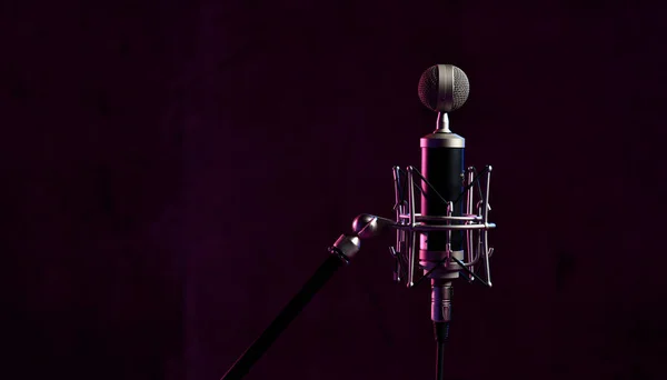 Primer plano micrófono de condensador de estudio con montaje anti-vibración grabación en vivo luces de color azul neón y rosa —  Fotos de Stock