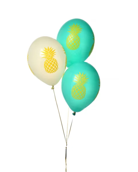 Tre palloncini di lattice oggetto per la festa di compleanno o celebrazione con ananas giallo isolato su un bianco — Foto Stock