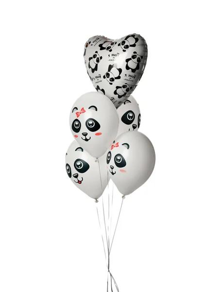 Bunch of white latex and metallic heart balloons composition with panda for birthday isolated on white — Stock Photo, Image