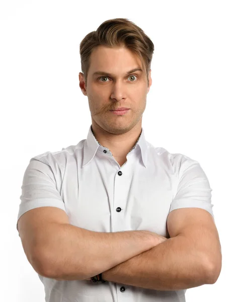 Handsome young bearded man in process of trimming his beard isolated on a white — Stock Photo, Image