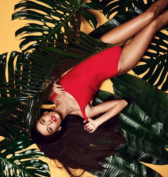 Joven feliz hermosa mujer sexy posando acostado en rojo verano moda cuerpo tela riendo en verde tropical palmera hojas — Foto de Stock