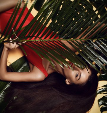 Mükemmel pürüzsüz cilt ile genç güzel seksi kadın tropikal palmiye ağacı yaprağı tutun