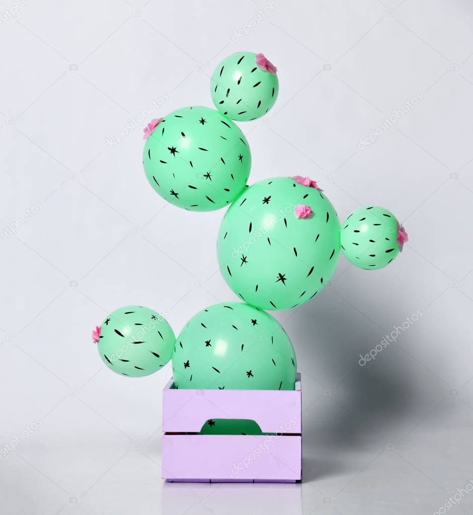 Cactus balloon in pastel purple flower pot made of green round balloons with flowers. Creative idea 