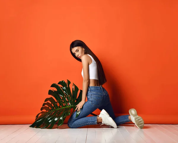 Jovem linda garota hipster em jeans e branco top segurar grande folha tropical no fundo laranja — Fotografia de Stock