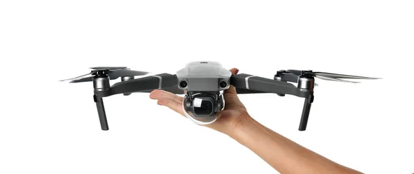 Új sötétszürke drone quadcopter digitális fényképezőgéppel és érzékelőkkel repül a fehér — Stock Fotó