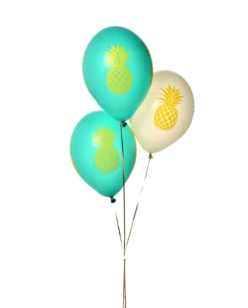 Tre palloncini di lattice oggetto per la festa di compleanno o celebrazione con ananas giallo isolato su un bianco — Foto Stock