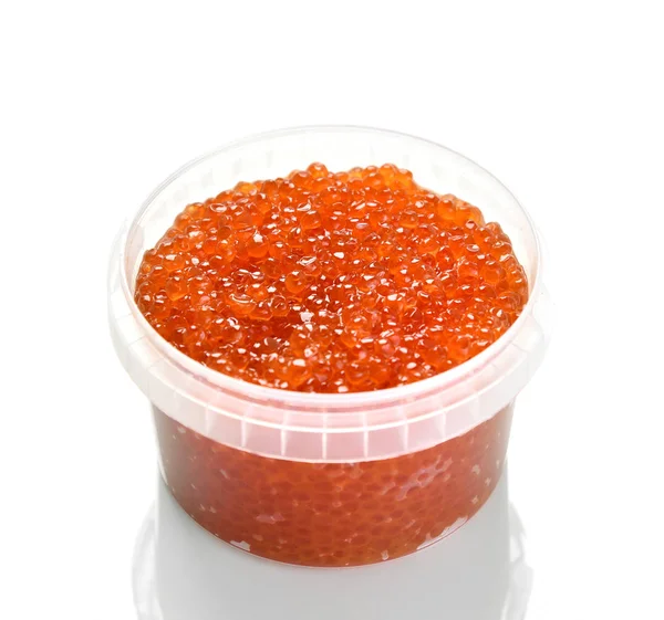 Plastic container with red caviar on white. Sea food. Healthy eating — Stock Photo, Image