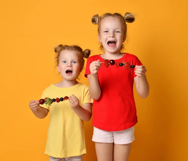 Две сестры счастливо улыбаются, крича, поедая фруктовый шашлык десерт с ягодами вишневой клубничной черники — стоковое фото