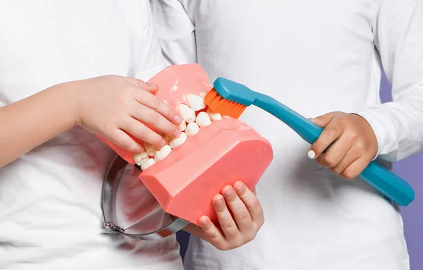 Närbild av två barn med stora tandimplantat modell och tandborste försöker borsta tänderna. Munhygien och munhälsa — Stockfoto