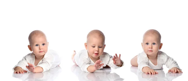 Infant child collage composition baby boy toddler lying in white shirt happy smiling playing — Stock Photo, Image