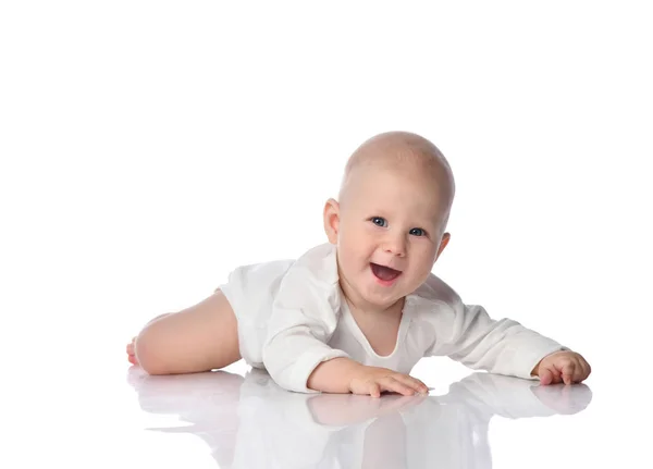 Infant child baby boy toddler lying in white shirt happy smiling isolated on a white — Stock Photo, Image