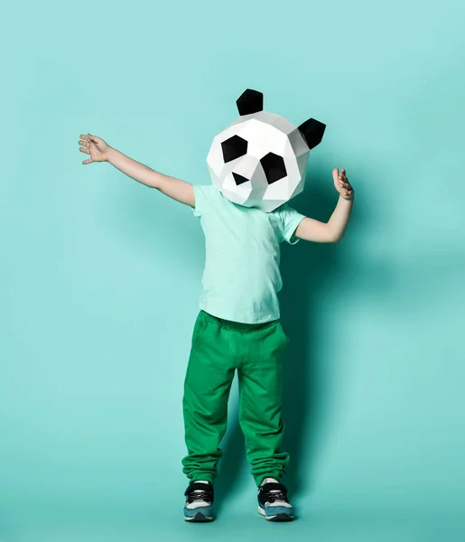 Niño en panda máscara blanco blanco camiseta en blanco y pantalones verdes está posando con los brazos extendidos — Foto de Stock