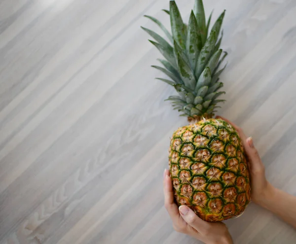 Fresh whole pineapple in woman hands over wood pattern blue and grey striped background with copy space