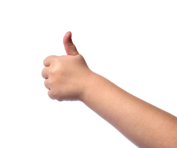 Infant child baby toddler show hand thumbs up sign isolated on a white — Stock Photo, Image
