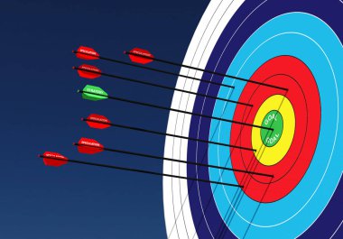 İşletme kavramı resmi serisi. Okçuluk hedefleri ve okları 3D rendering ile resimli