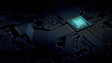 Internet veri işleme konsepti ile bir anakart ve işlemci bilgi işlem work.3d yapıyor render illüstrasyon.