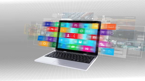 Laptop Computer Shows Process Browsing Application Multimedia Content Internet Mixed — Stock Photo, Image