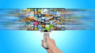 Internet, Multimedya ve geniş bant eğlence teknoloji akış. Mavi arka plan.