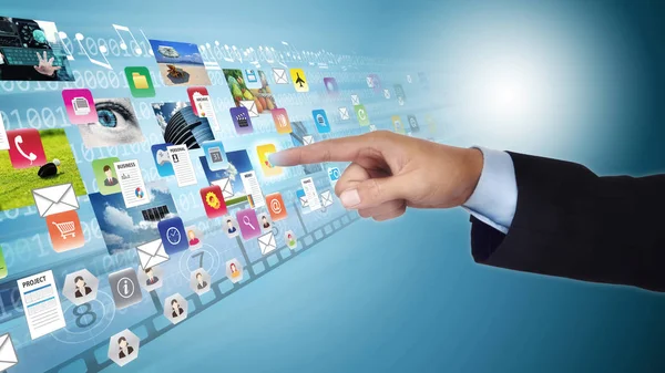 Businessman Hand Browsing Multimedia Content Internet World — Stock Photo, Image