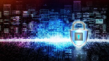 Siber sanal dijital ortamdaki Internet security. 3D render karışık teknik.