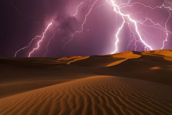 Night thunderstorm over sand dunes in the desert.