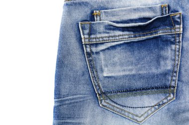 Mavi yıpranmış kot izole bir cep ile doku. Denim arka plan