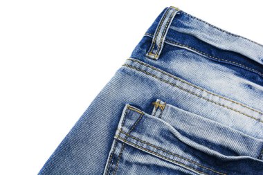 Mavi yıpranmış kot izole bir cep ile doku. Denim arka plan