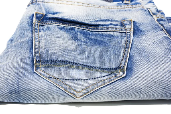 Textura Calça Azul Desgastada Com Bolso Fundo Isolado Denim — Fotografia de Stock