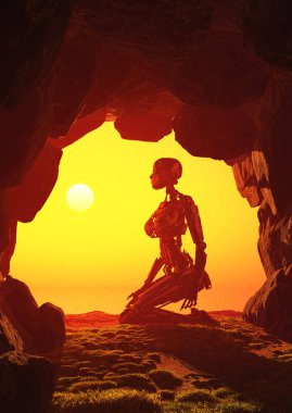 Robot kadın mağarada, 3d render