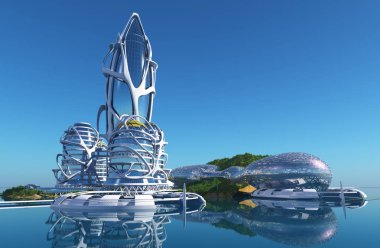 Gelecekten gelen fantastik bir şehir. 3D görüntüleme.