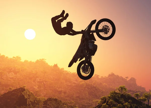 Silhouette Bir Sporcu Bir Motosiklet Içinde Gökyüzü Render — Stok fotoğraf