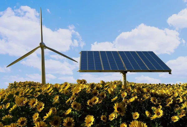 Von Windgeneratoren Und Sonnenkollektoren Himmel — Stockfoto