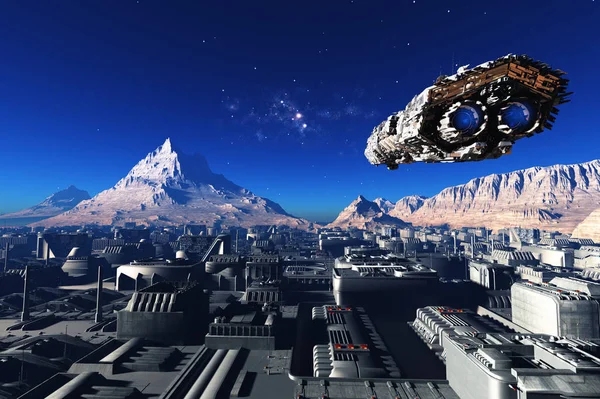 Nave Espacial Ciudad Planeta Render — Foto de Stock
