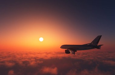 Bulutların üstündeki yolcu uçağı. 3d hazırlayıcı