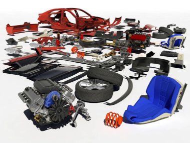 Beyaz arkaplandaki arabanın ayrıntıları., 3D görüntüleme