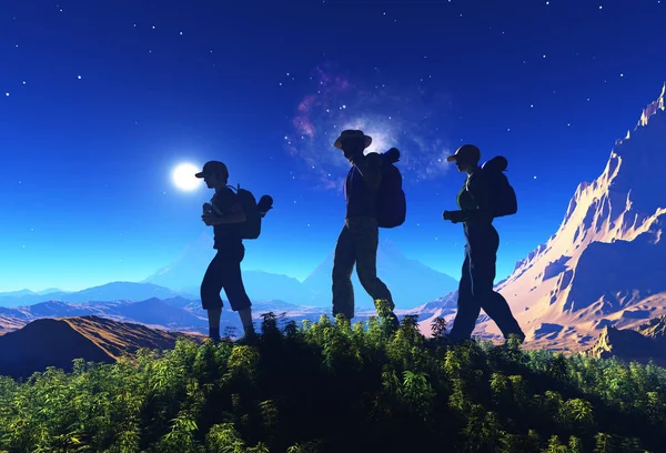 観光客は星明かりの空の 3次元レンダリングのバック グラウンドでのグループ — ストック写真