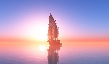 Denizde yelken açan klasik yelkenli.