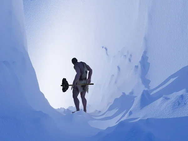 Primitive man in a snow tunnel , 3d render