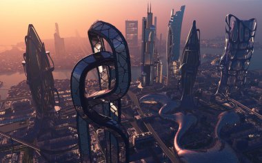 Gelecekten gelen fantastik bir şehir. 3D görüntüleme.