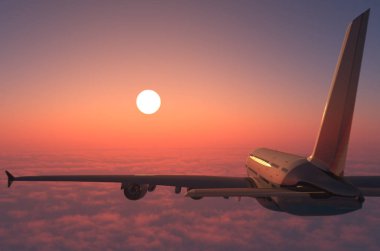 Bulutların üstündeki yolcu uçağı. 3d hazırlayıcı