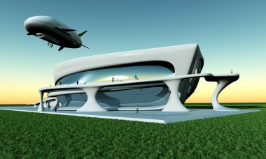 Gelecek ve zeplin evi. , 3d render