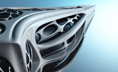 Mavi arkaplandaki modern gökdelen, 3D görüntüleme