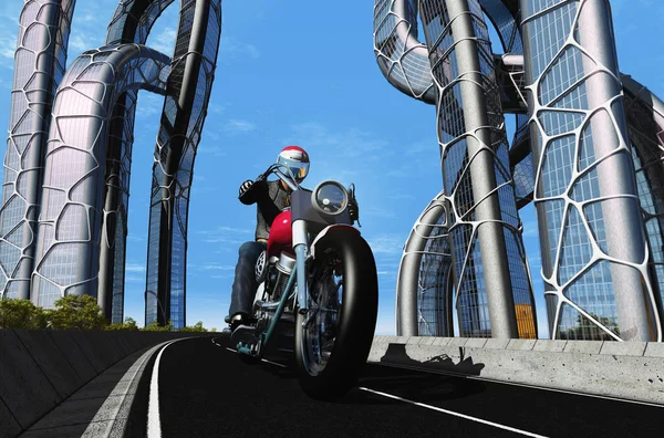 Mann Auf Moto Hintergrund Eines Wolkenkratzers Darstellung — Stockfoto