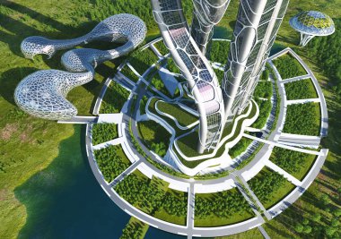 Arka plandaki modern bina peyzaj 3D oluşturucu