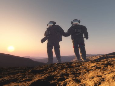 Gezegenin arka planındaki astronot 3D görüntüleme...