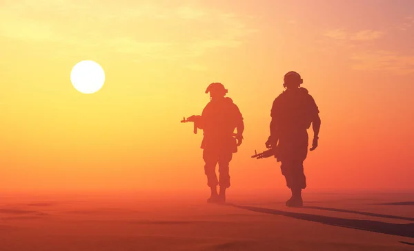 Sylwetka Żołnierza Zachodzie Słońca Renderowanie — Zdjęcie stockowe